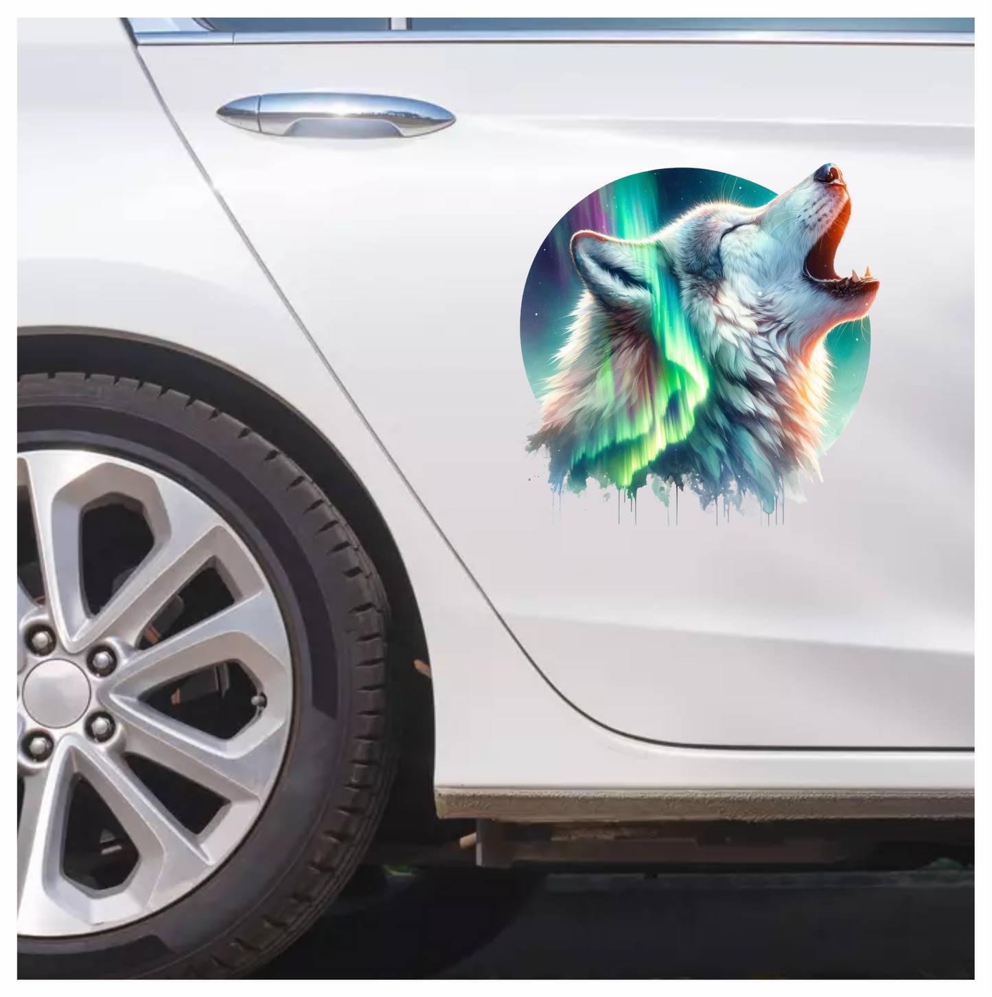White Wolf Howling Green Northern Lights Vinyl Sticker Decal