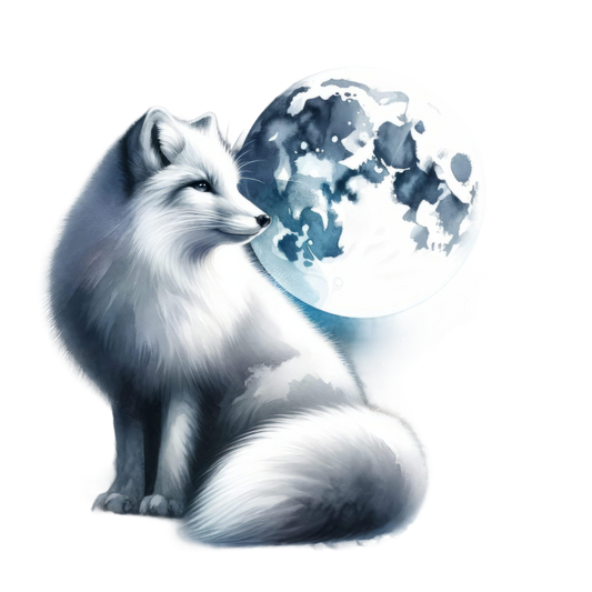 White Fox Sitting Beside Full Moon Vinyl Sticker Decal