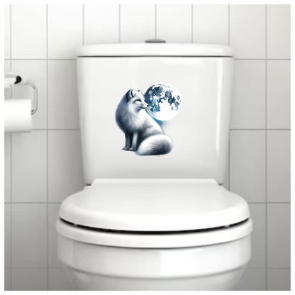 White Fox Sitting Beside Full Moon Vinyl Sticker Decal
