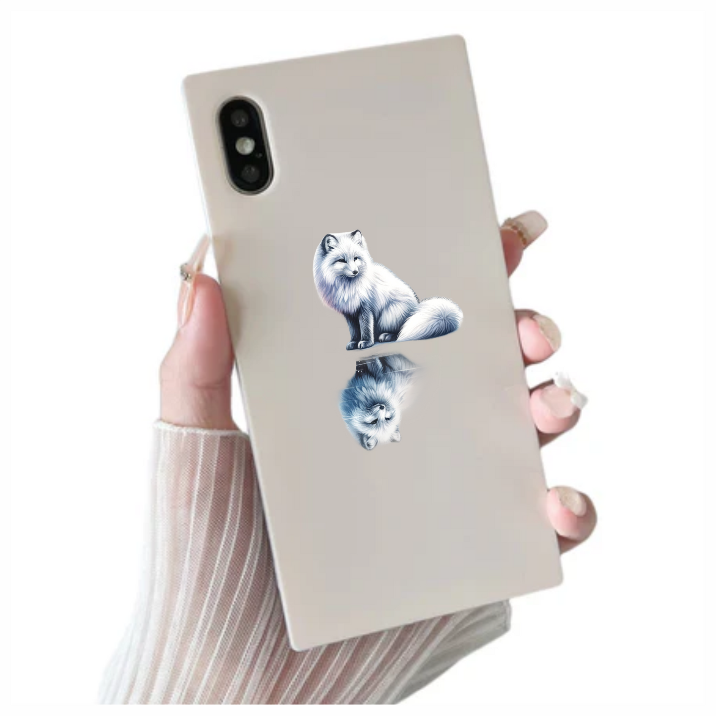 White Fox Sitting With Water Reflection Vinyl Sticker Decal