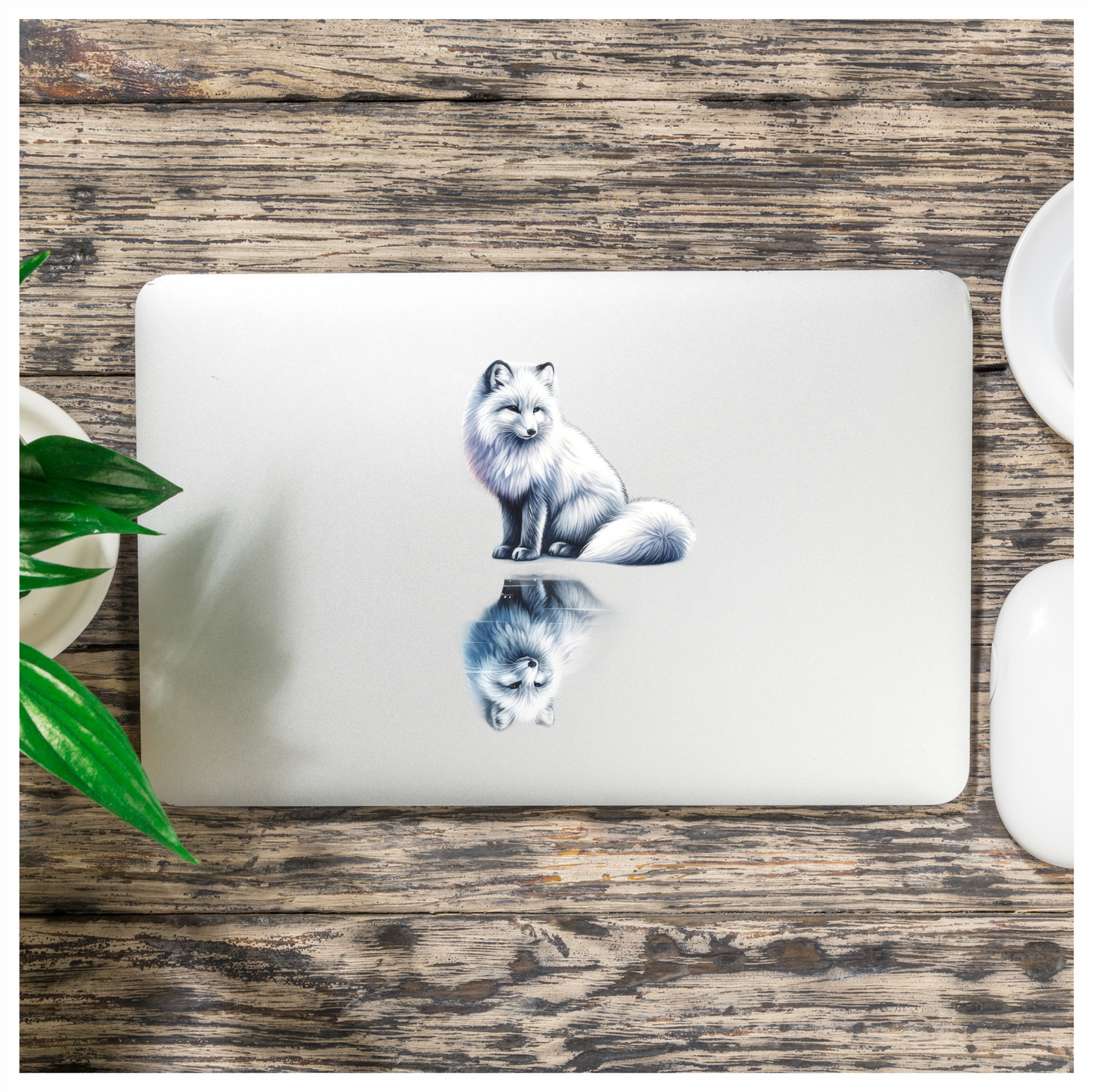 White Fox Sitting With Water Reflection Vinyl Sticker Decal