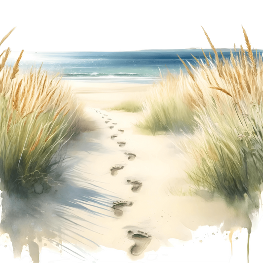 Beige Sand Footprints Leading To Ocean Vinyl Sticker Decal