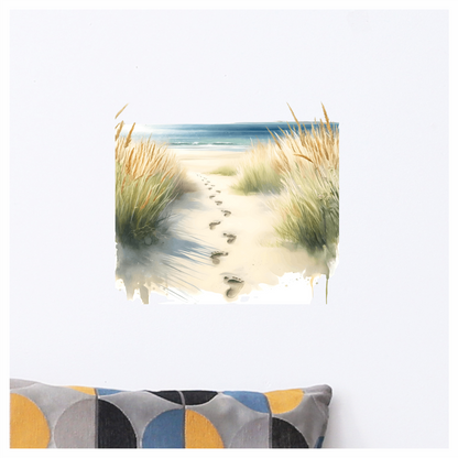 Beige Sand Footprints Leading To Ocean Vinyl Sticker Decal