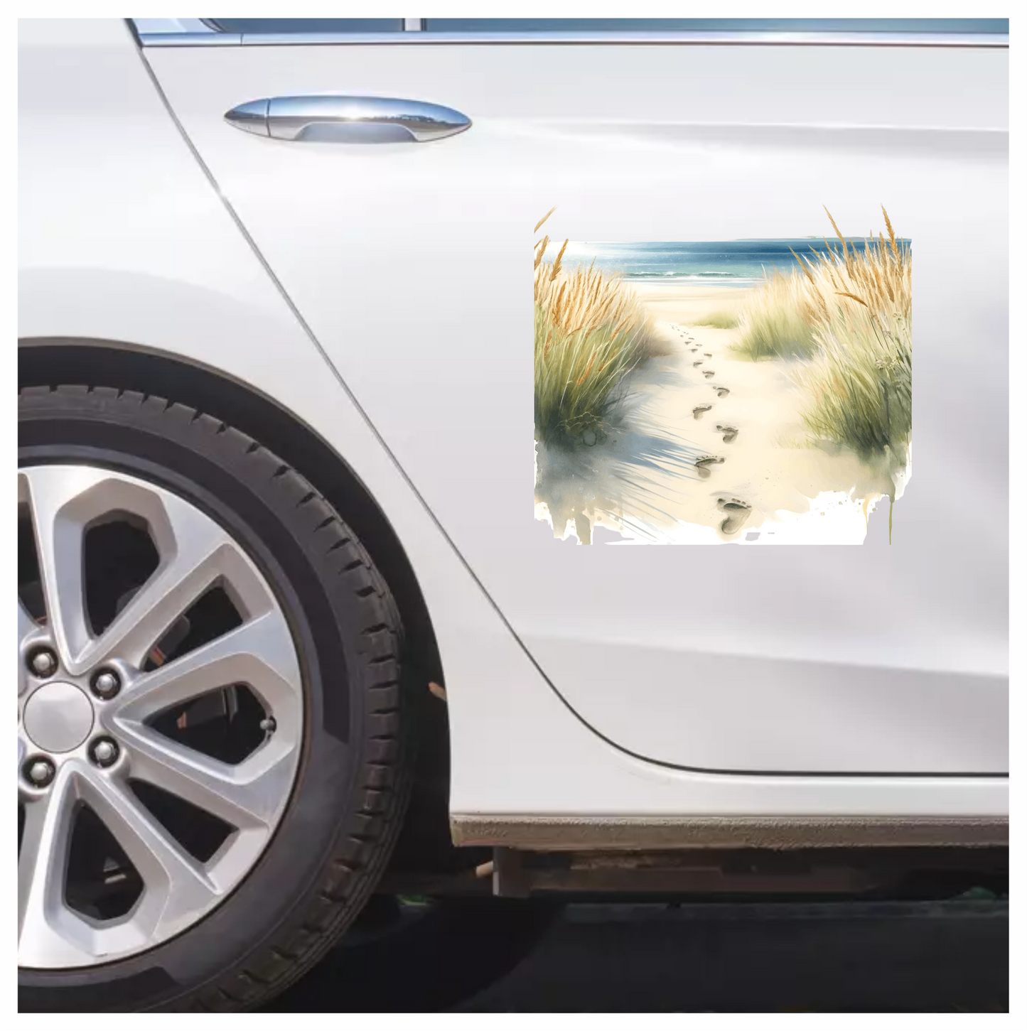 Beige Sand Footprints Leading To Ocean Vinyl Sticker Decal