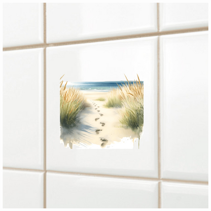 Beige Sand Footprints Leading To Ocean Vinyl Sticker Decal