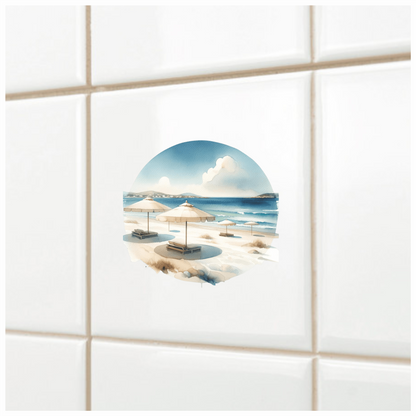 Blue Ocean Beach Umbrellas On Sand Vinyl Sticker Decal