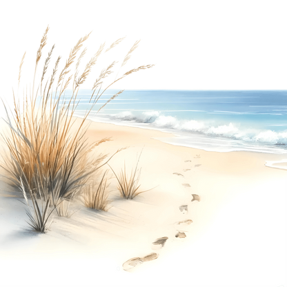 Beige Sand Footprints Beside Blue Ocean Vinyl Sticker Decal