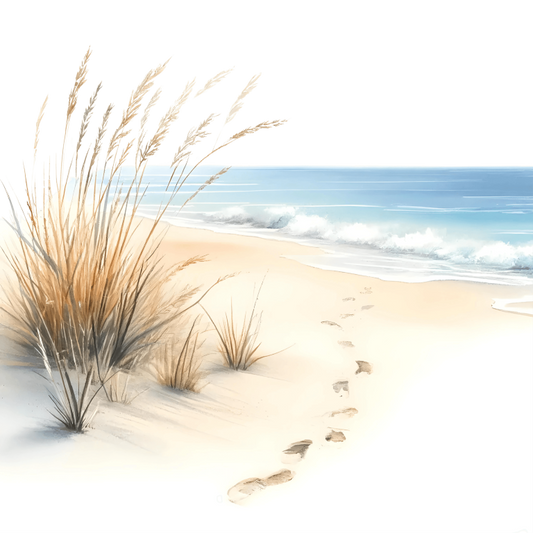 Beige Sand Footprints Beside Blue Ocean Vinyl Sticker Decal
