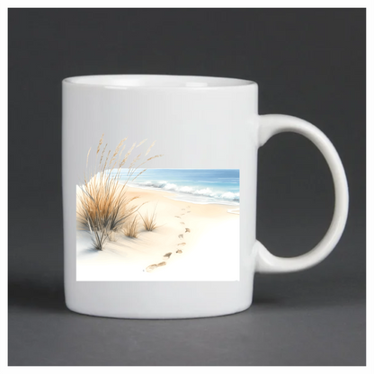 Beige Sand Footprints Beside Blue Ocean Vinyl Sticker Decal
