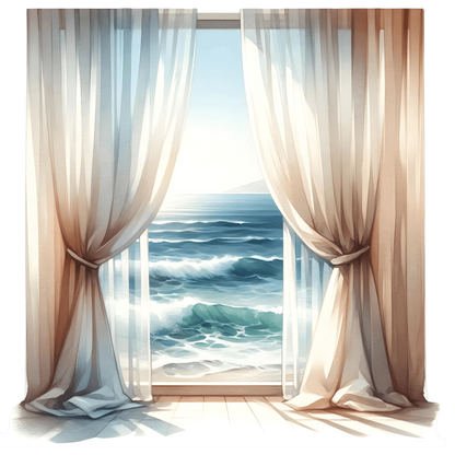 Beige Curtains Open To Blue Ocean Vinyl Sticker Decal