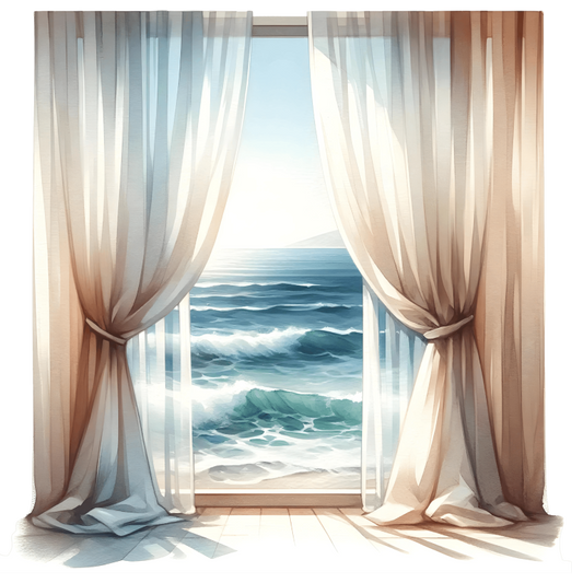 Beige Curtains Open To Blue Ocean Vinyl Sticker Decal