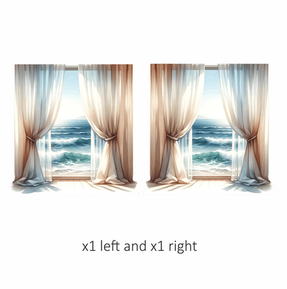 Beige Curtains Open To Blue Ocean Vinyl Sticker Decal