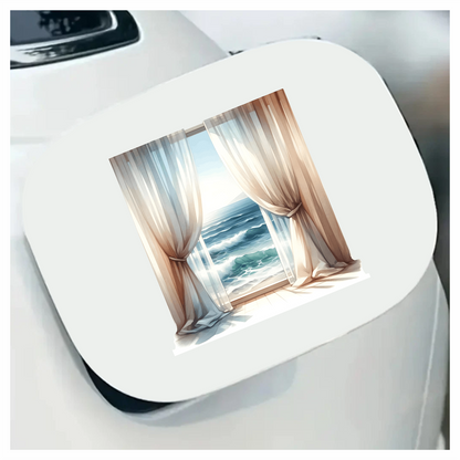 Beige Curtains Open To Blue Ocean Vinyl Sticker Decal