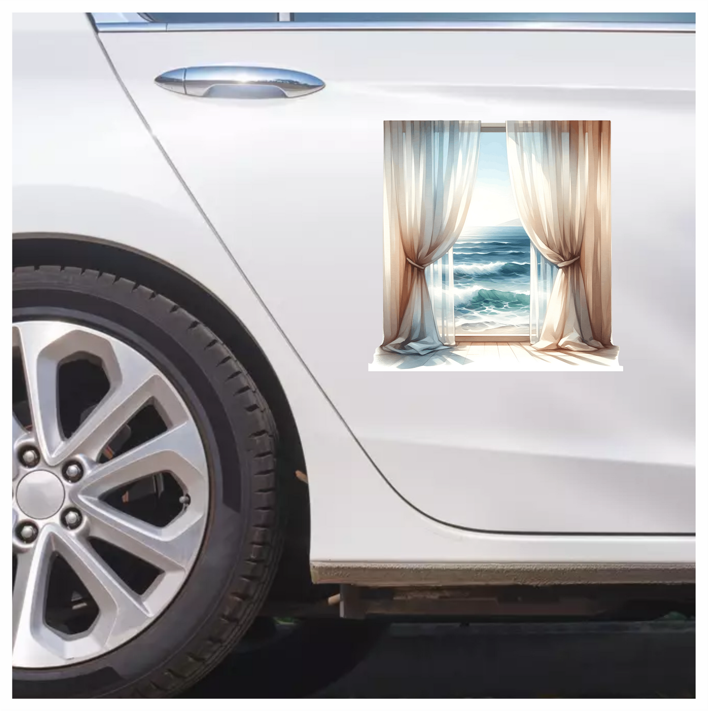 Beige Curtains Open To Blue Ocean Vinyl Sticker Decal