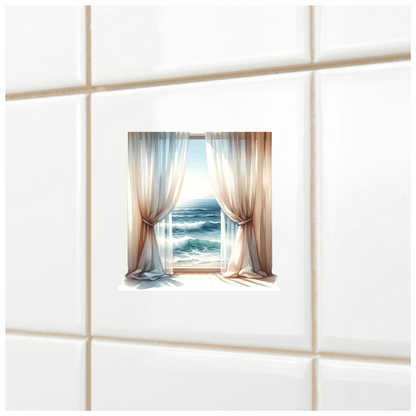 Beige Curtains Open To Blue Ocean Vinyl Sticker Decal