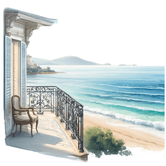 Beige Balcony Overlooking Blue Ocean Vinyl Sticker Decal