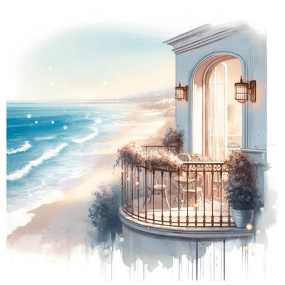 Beige Balcony Overlooking Blue Ocean Waves Vinyl Sticker Decal