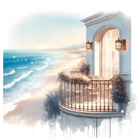 Beige Balcony Overlooking Blue Ocean Waves Vinyl Sticker Decal