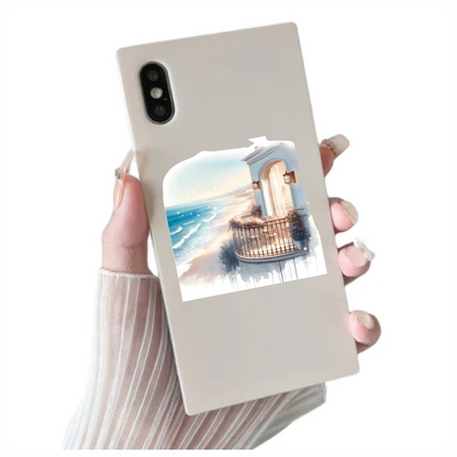 Beige Balcony Overlooking Blue Ocean Waves Vinyl Sticker Decal