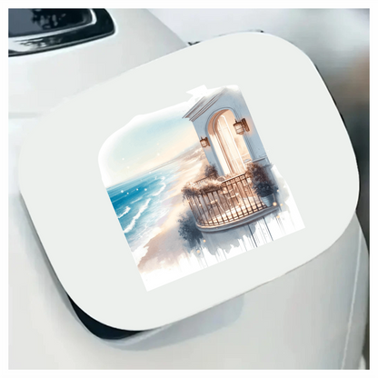 Beige Balcony Overlooking Blue Ocean Waves Vinyl Sticker Decal
