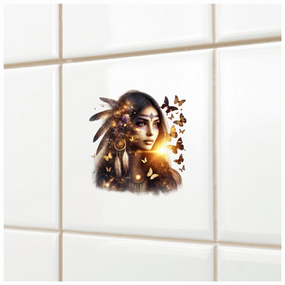 Golden Woman With Butterflies And Feathers Vinyl Sticker Decal