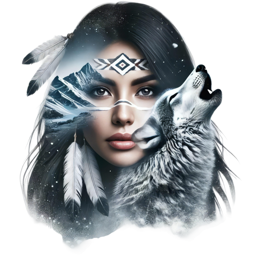 White Woman With Feathers And Wolf Vinyl Sticker Decal