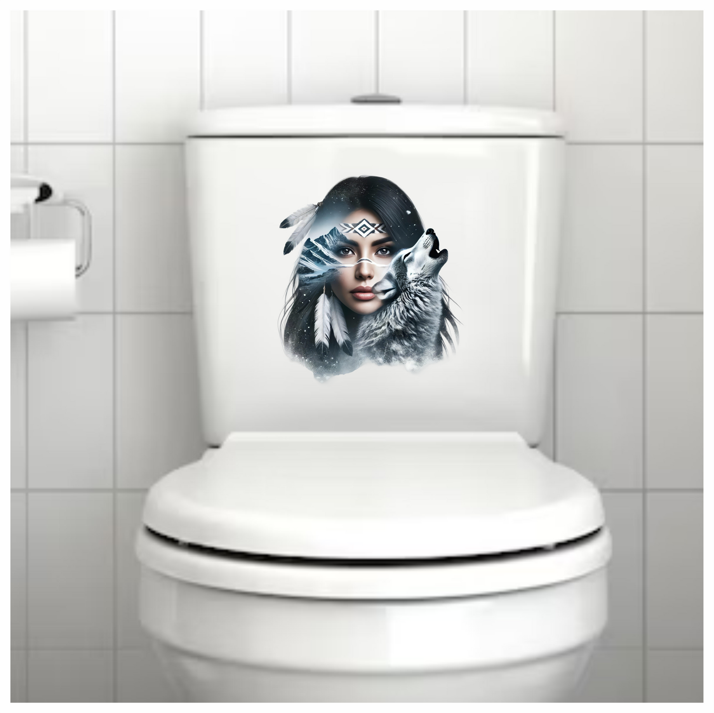 White Woman With Feathers And Wolf Vinyl Sticker Decal