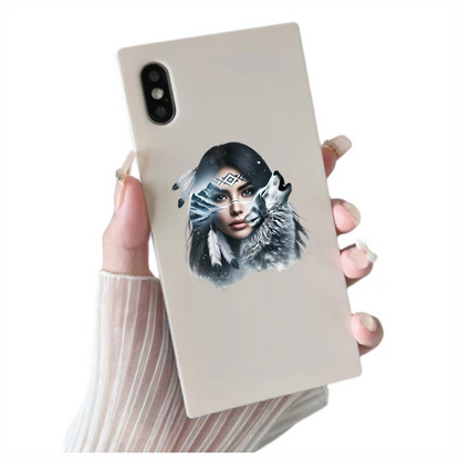 White Woman With Feathers And Wolf Vinyl Sticker Decal