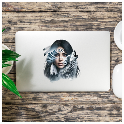 White Woman With Feathers And Wolf Vinyl Sticker Decal