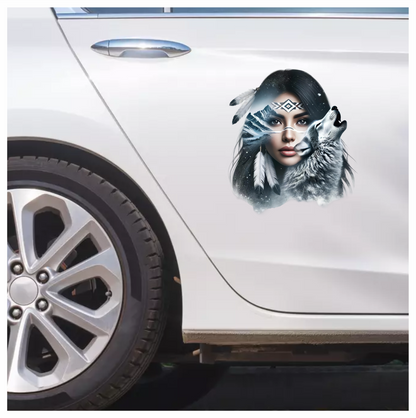 White Woman With Feathers And Wolf Vinyl Sticker Decal
