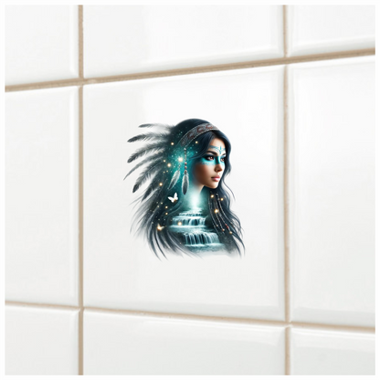 Blue Woman With Feathers And Waterfall Vinyl Sticker Decal