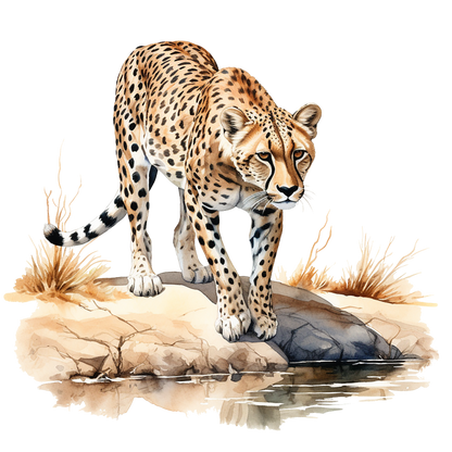 Brown Cheetah Walking On Rock Reflection Vinyl Sticker Decal