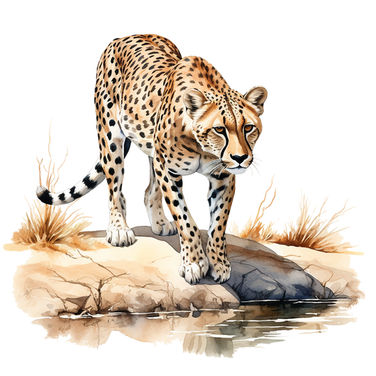 Brown Cheetah Walking On Rock Reflection Vinyl Sticker Decal