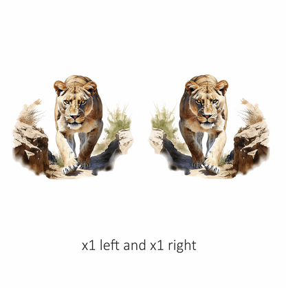 Brown Lioness Walking Between Desert Rocks Vinyl Sticker Decal