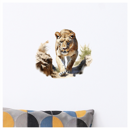 Brown Lioness Walking Between Desert Rocks Vinyl Sticker Decal