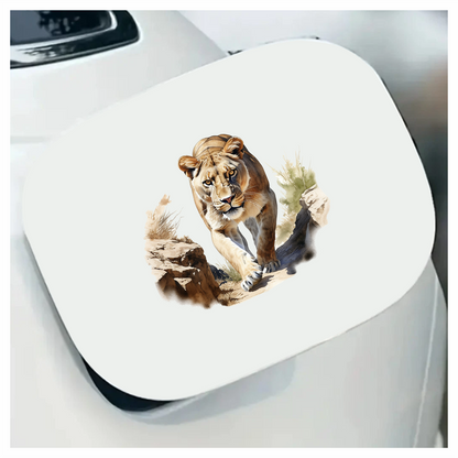 Brown Lioness Walking Between Desert Rocks Vinyl Sticker Decal