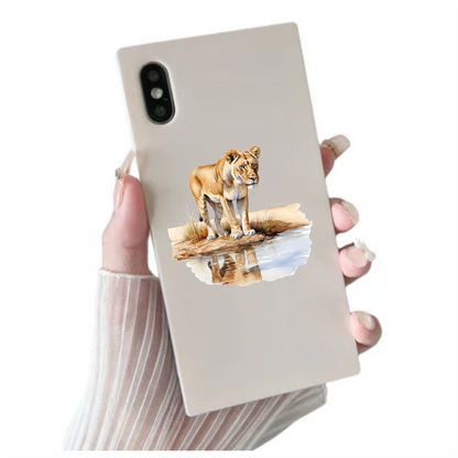 Brown Lioness Standing Beside Water Reflection Vinyl Sticker Decal