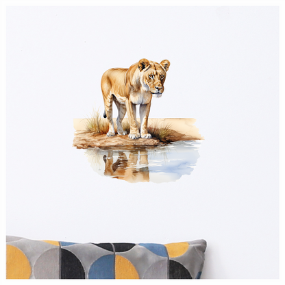 Brown Lioness Standing Beside Water Reflection Vinyl Sticker Decal