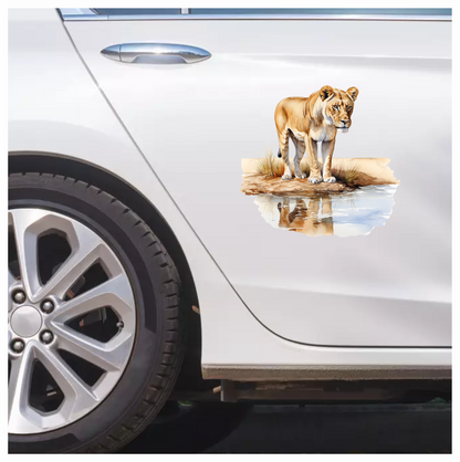 Brown Lioness Standing Beside Water Reflection Vinyl Sticker Decal