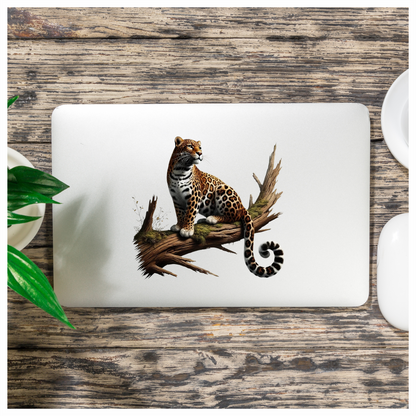 Golden Jaguar Sitting Alert On Branch Vinyl Sticker Decal