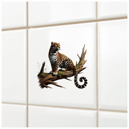 Golden Jaguar Sitting Alert On Branch Vinyl Sticker Decal