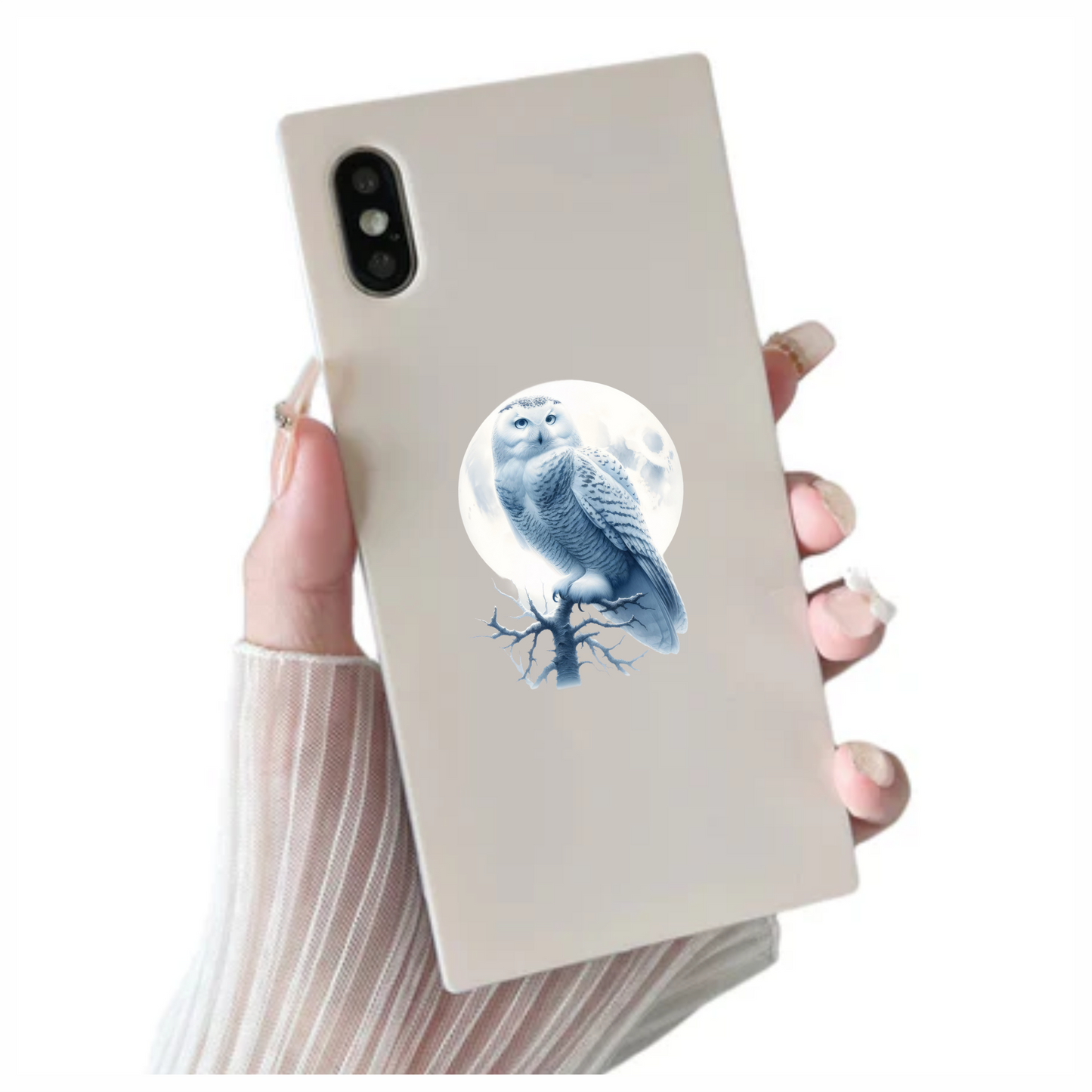 White Owl Perched With Full Moon Vinyl Sticker Decal