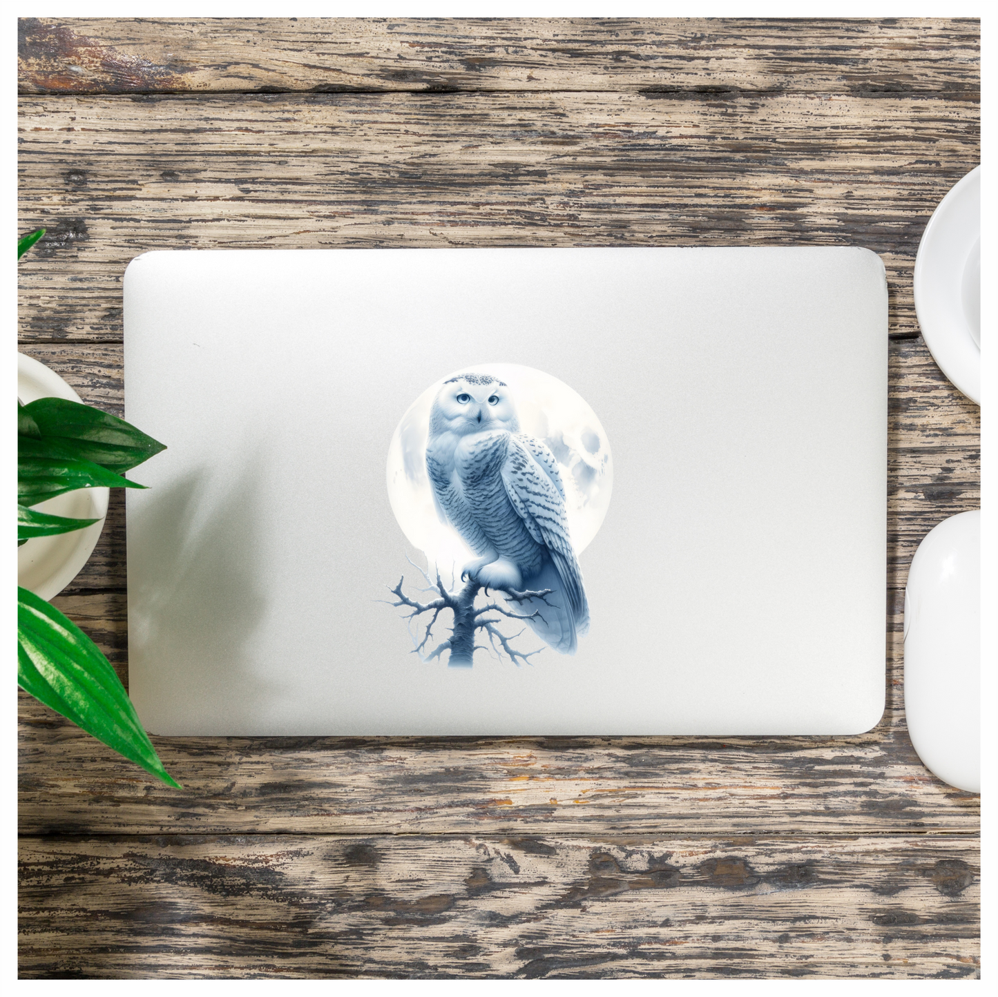 White Owl Perched With Full Moon Vinyl Sticker Decal