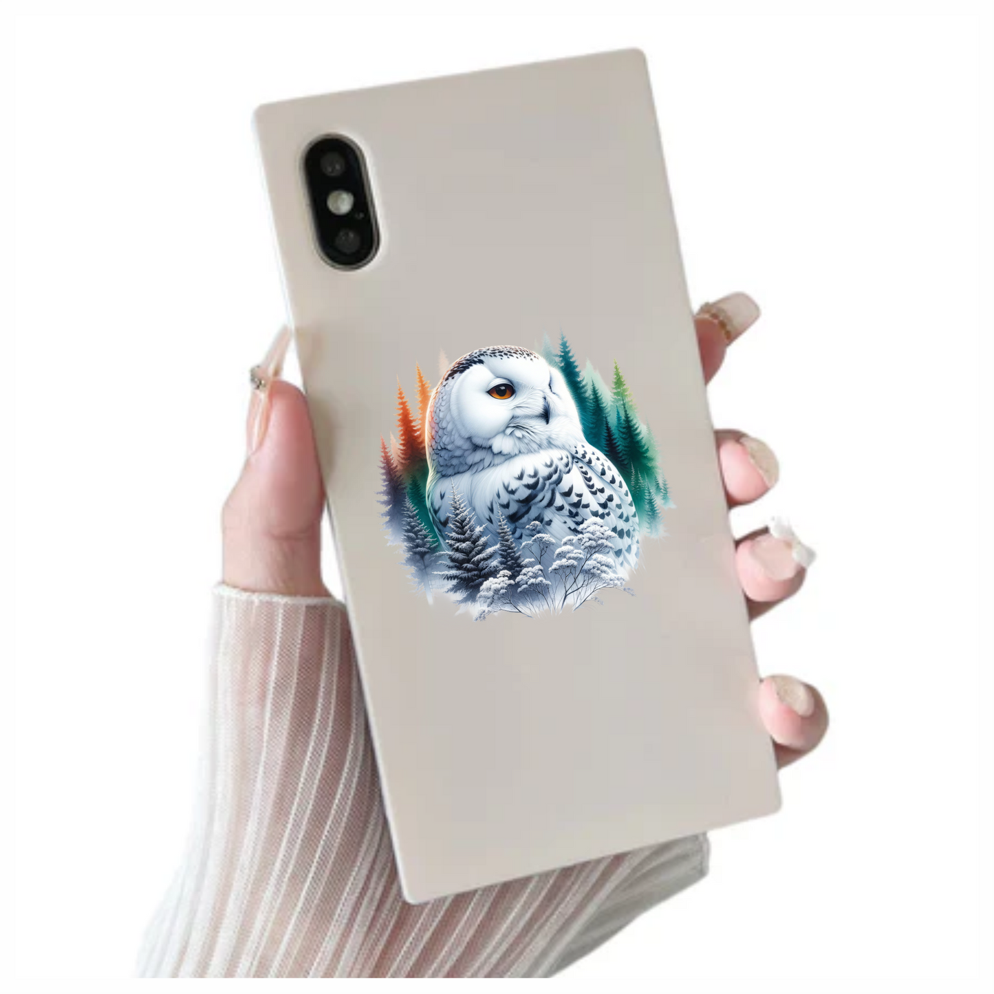 White Owl Sitting Among Winter Trees Vinyl Sticker Decal