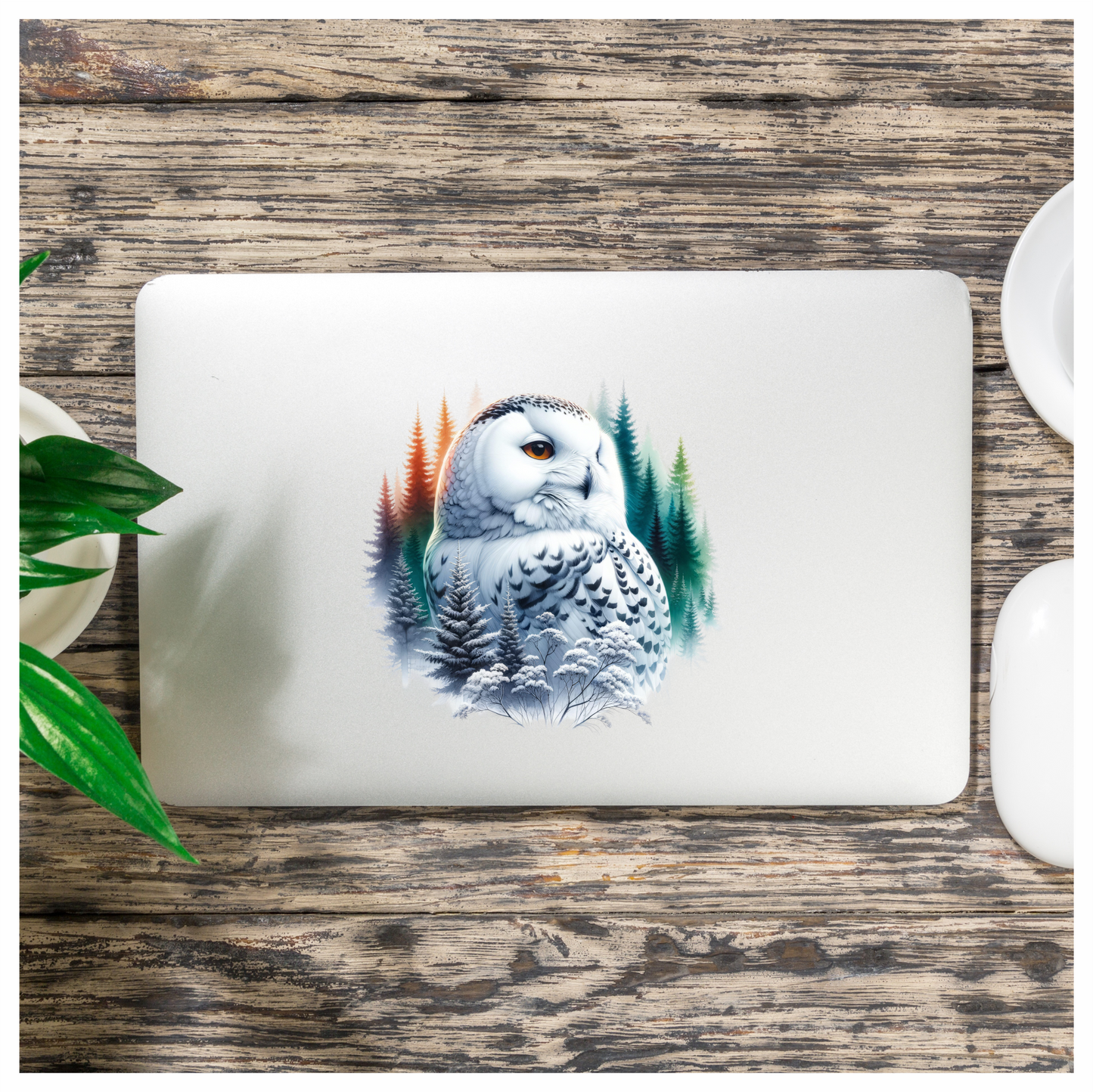White Owl Sitting Among Winter Trees Vinyl Sticker Decal