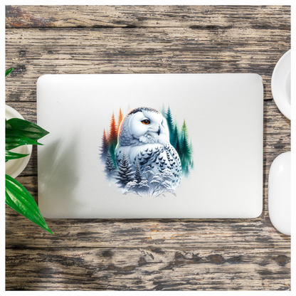 White Owl Sitting Among Winter Trees Vinyl Sticker Decal