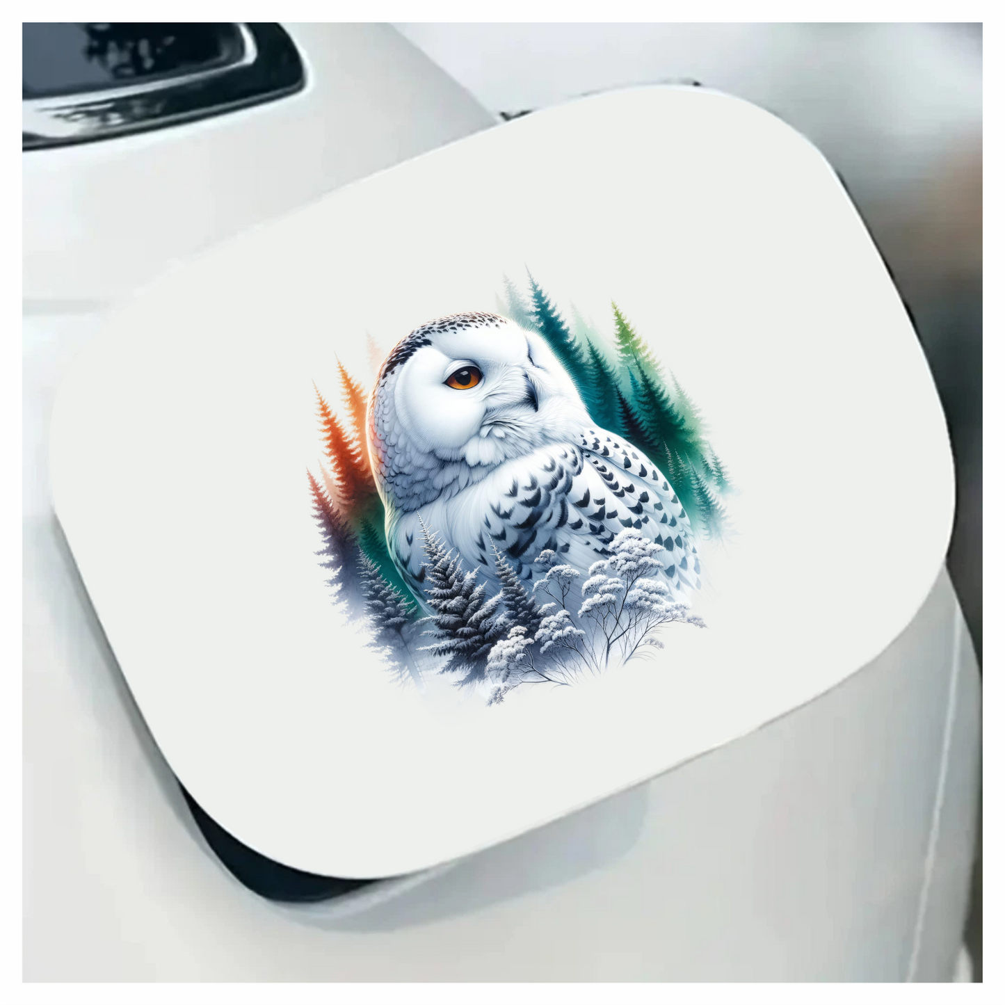 White Owl Sitting Among Winter Trees Vinyl Sticker Decal