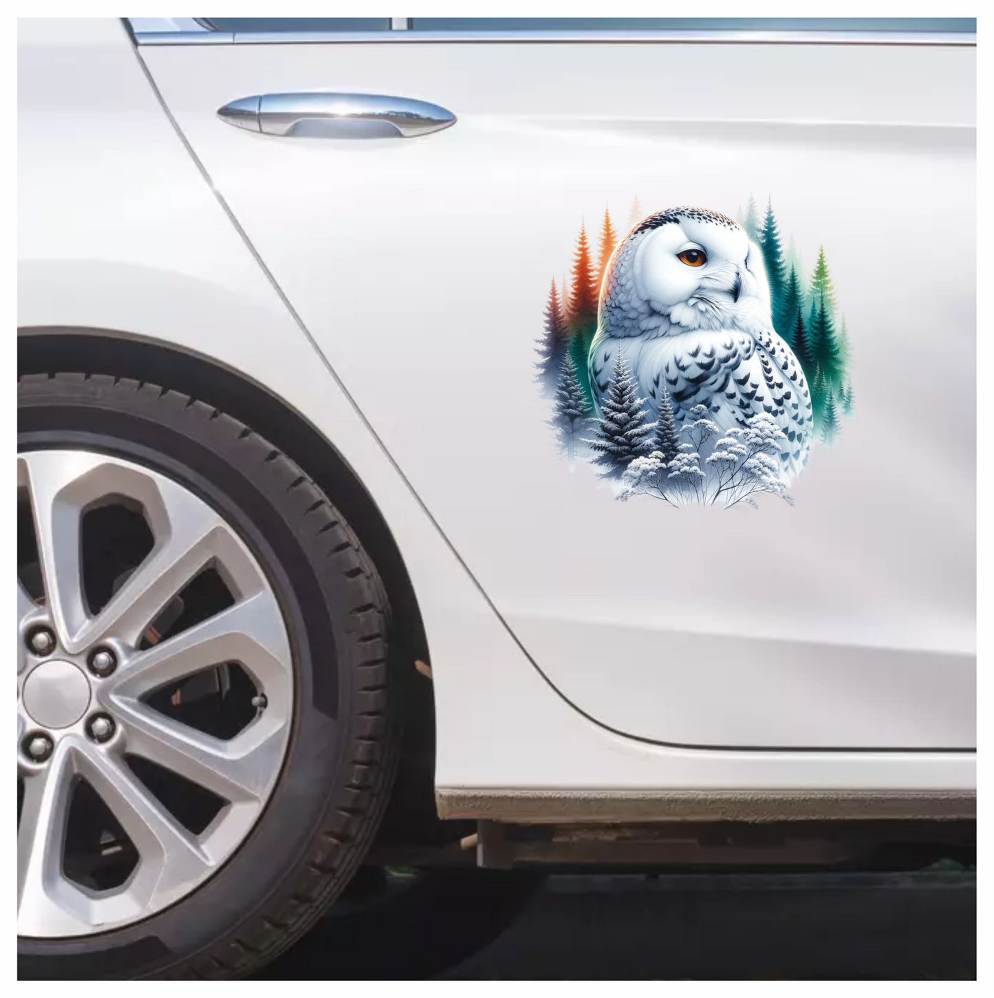White Owl Sitting Among Winter Trees Vinyl Sticker Decal