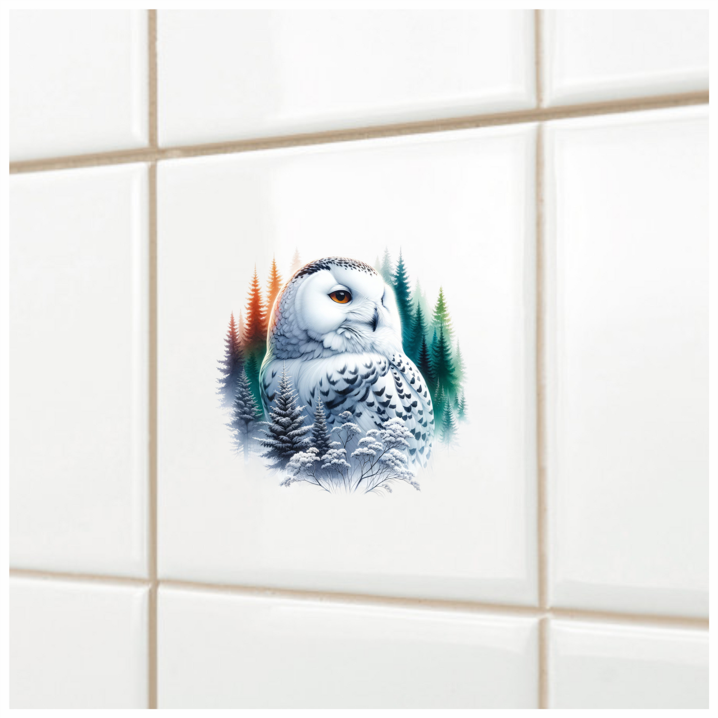 White Owl Sitting Among Winter Trees Vinyl Sticker Decal