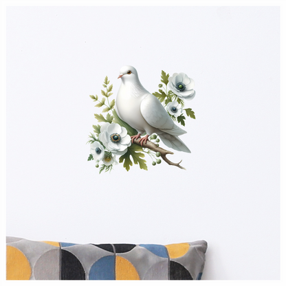 White Dove Bird Sitting With Flowers Vinyl Sticker Decal